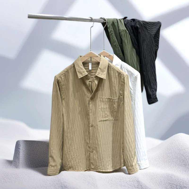 2025年新款春秋季男装简约皱感衬衣外套休闲文艺长袖纯色衬衫上衣