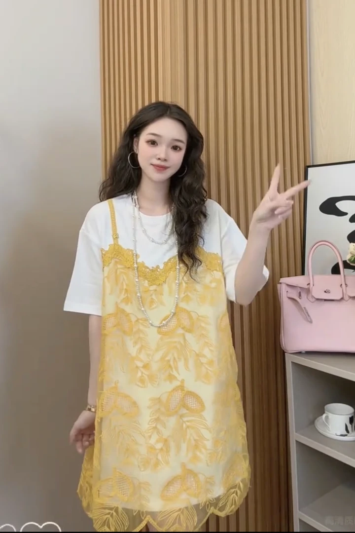 Cherryjar【251331】时尚蕾丝提花V领假两件吊带T恤长裙金属蝴蝶结