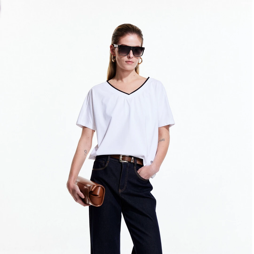 ONLY2025夏季新款简约时尚宽松字母刺绣V领短袖T恤女|125101124