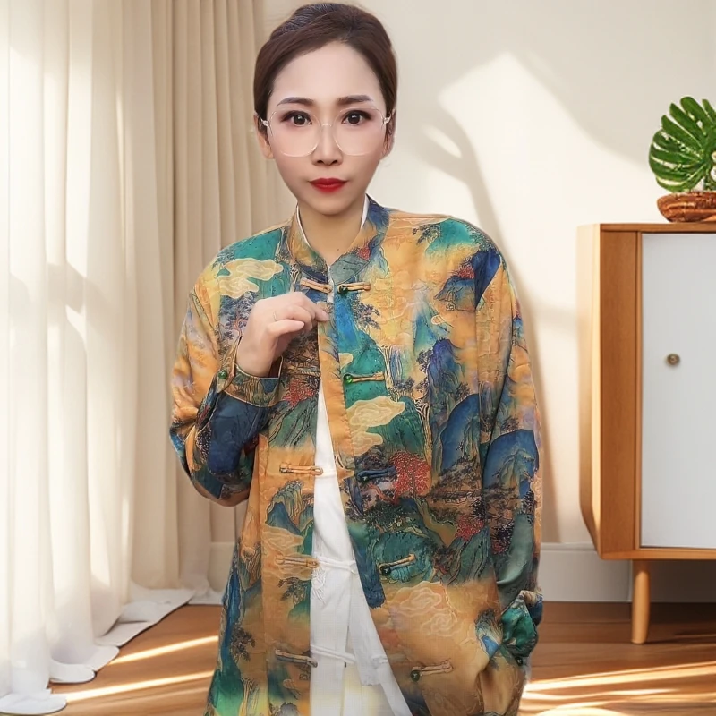 中式江山图男装衬衫百搭宽松中国风气质复古