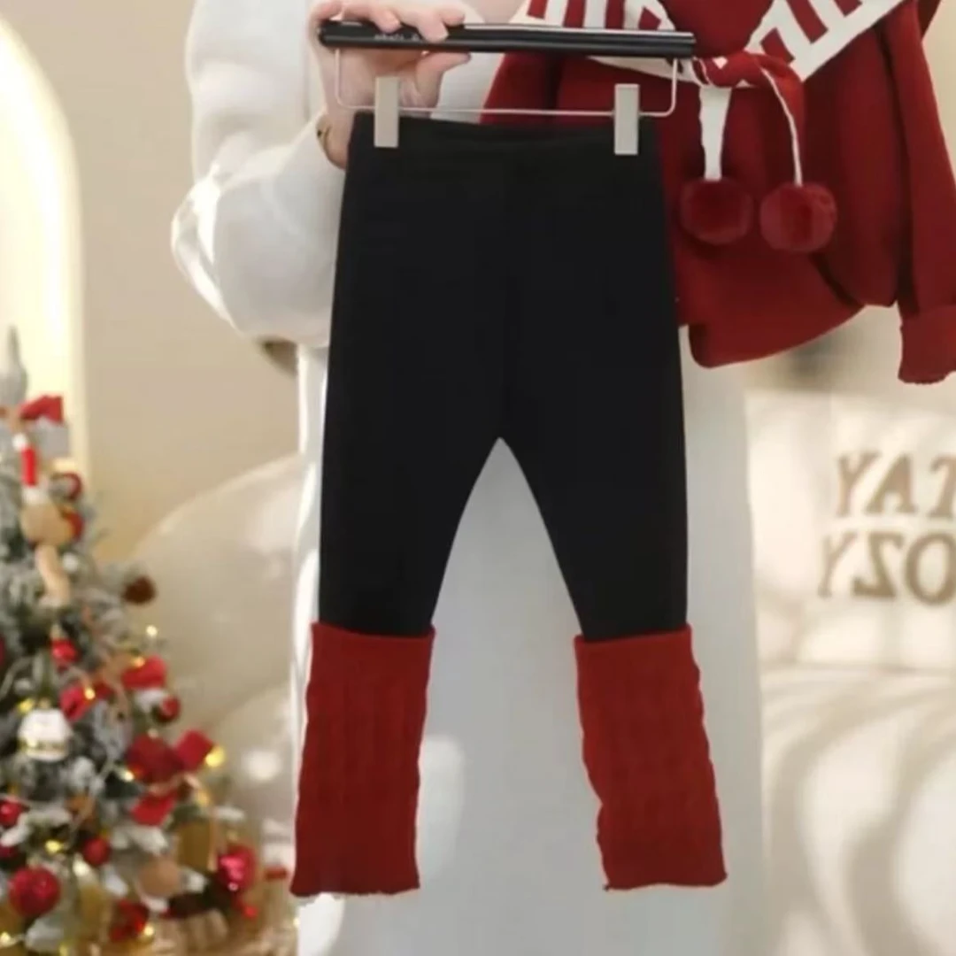 儿童款年货红色袜套一条过冬加绒打底裤