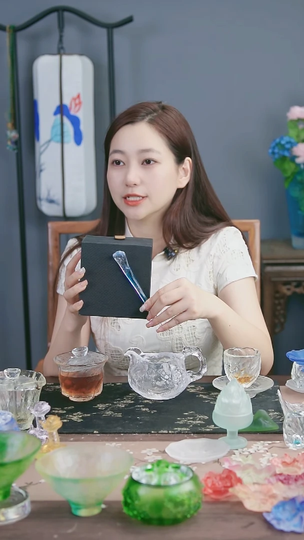 琉璃手工艺品古法琉璃飘蓝色调茶匙茶置小摆件