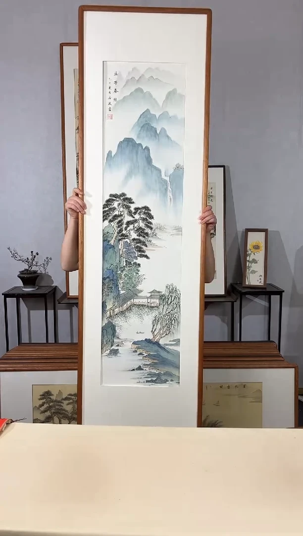 国画手绘*溪亭春烟*52*172cm带框发货