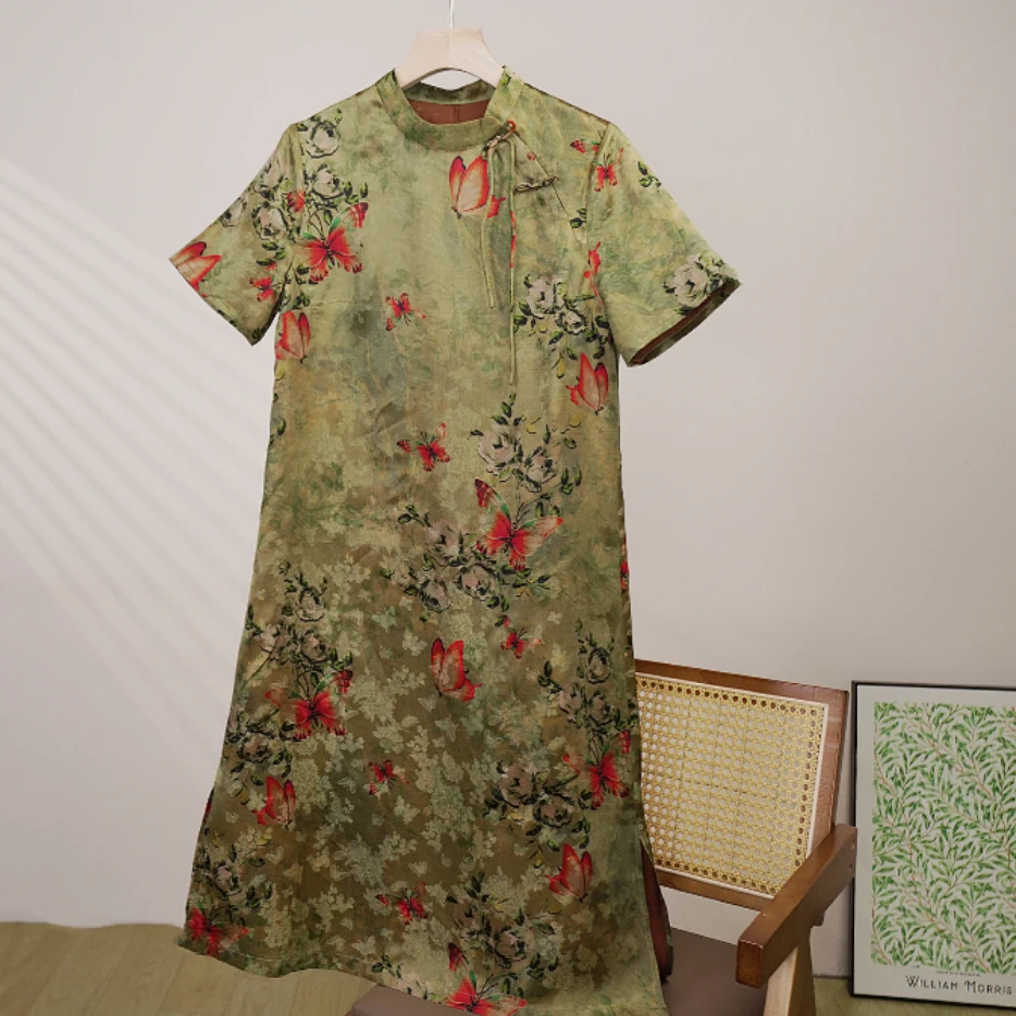 花螺桑蚕丝女装连衣裙气质轻奢复古显瘦盘扣印花LW  9L1371