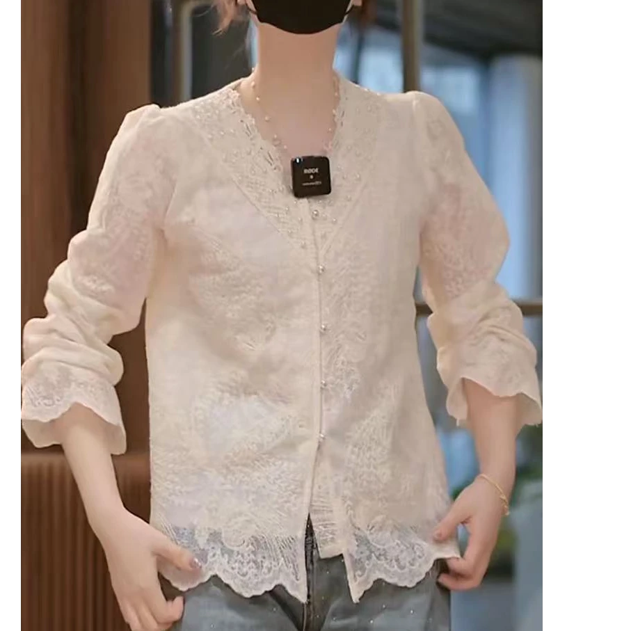 仙女风修身型INS风长袖蕾丝衬衫打底衫夏季春季重工