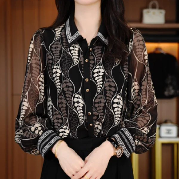 2025夏季新款精美轻奢减龄衬衫上衣雪纺衫打底衫黑色洋气高端W466