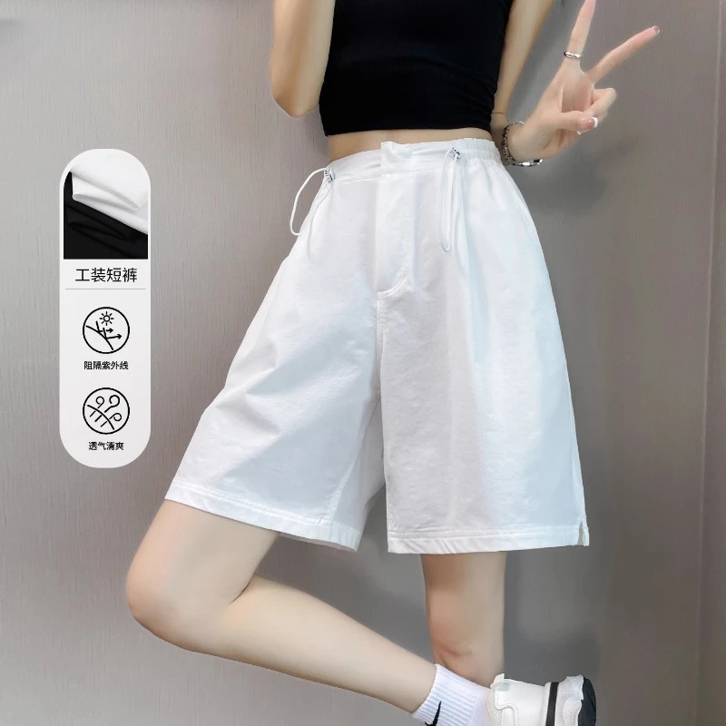 美式冰丝速干工装短裤女夏季薄款宽松高腰阔腿运动五分中裤子