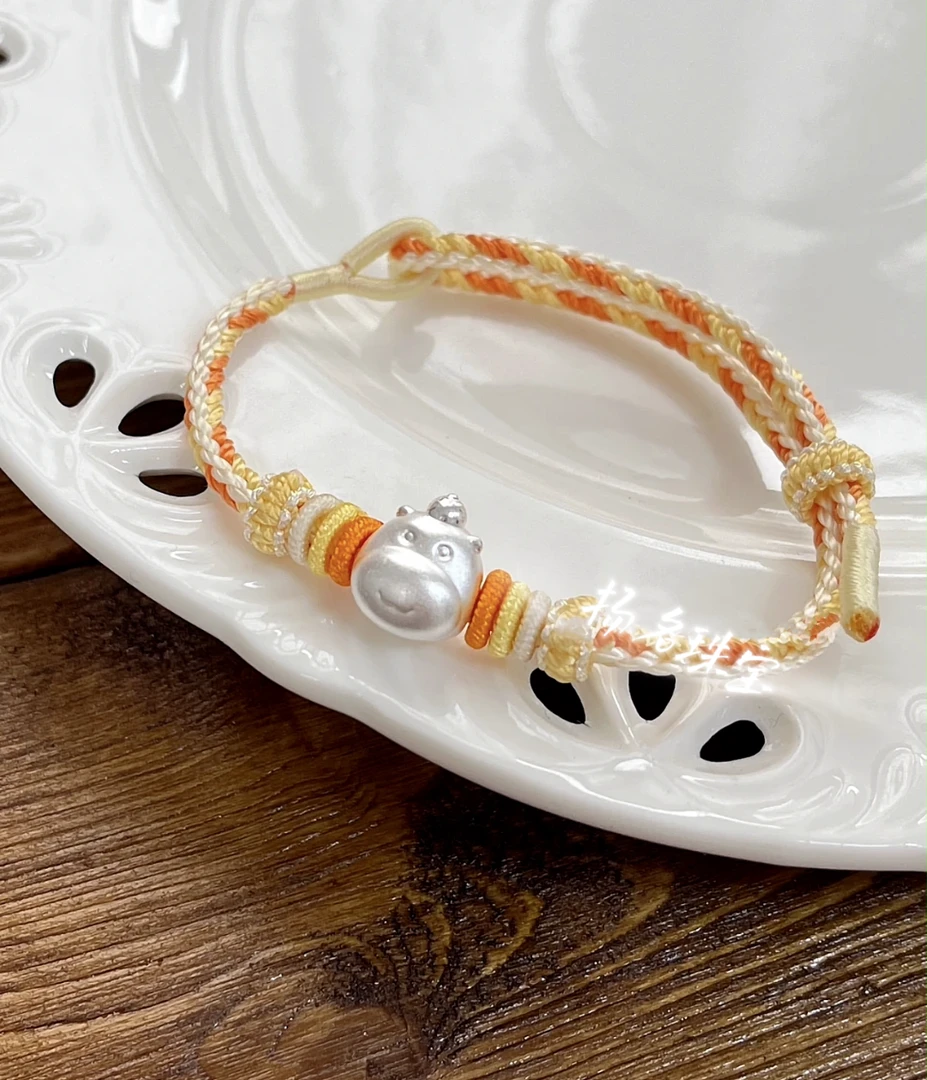 足银布艺手链 足银999水豚噜噜可爱纯银卡皮巴拉少女心手工编绳