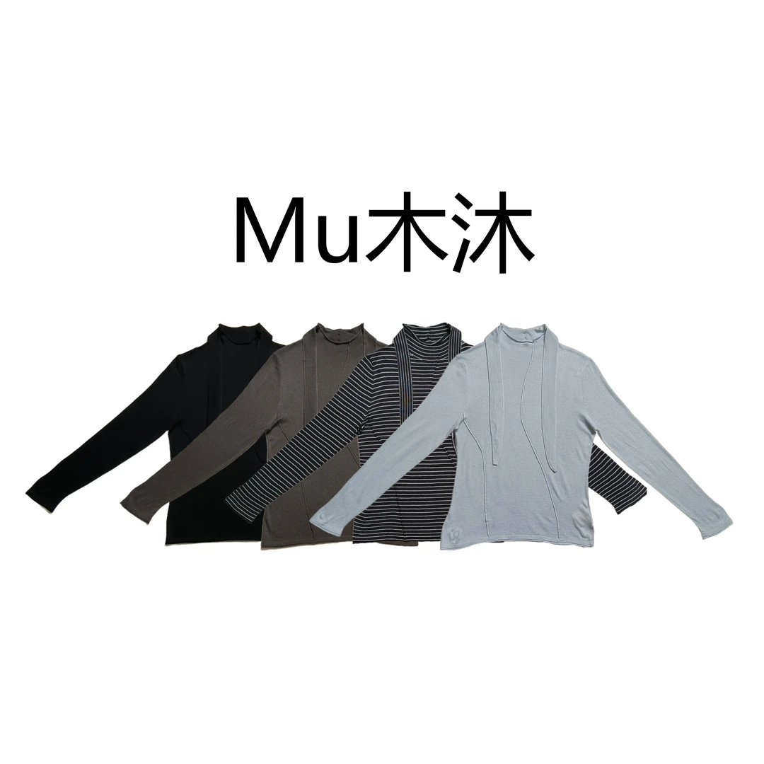 Mu木沐♠新品卷边圆领后扣领带针织打底T恤