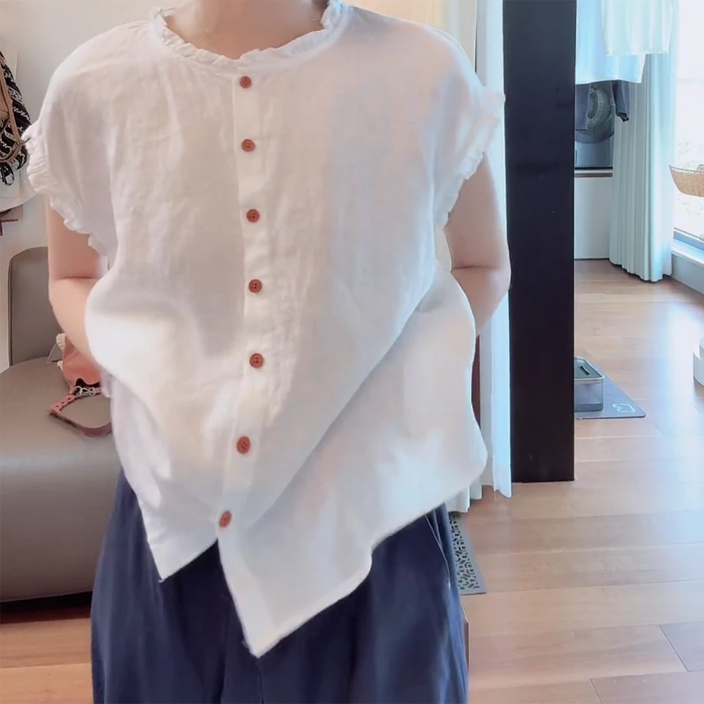 时尚百搭休闲女上衣显瘦亚麻木耳领纯色飞飞袖小众衬衫夏季新款