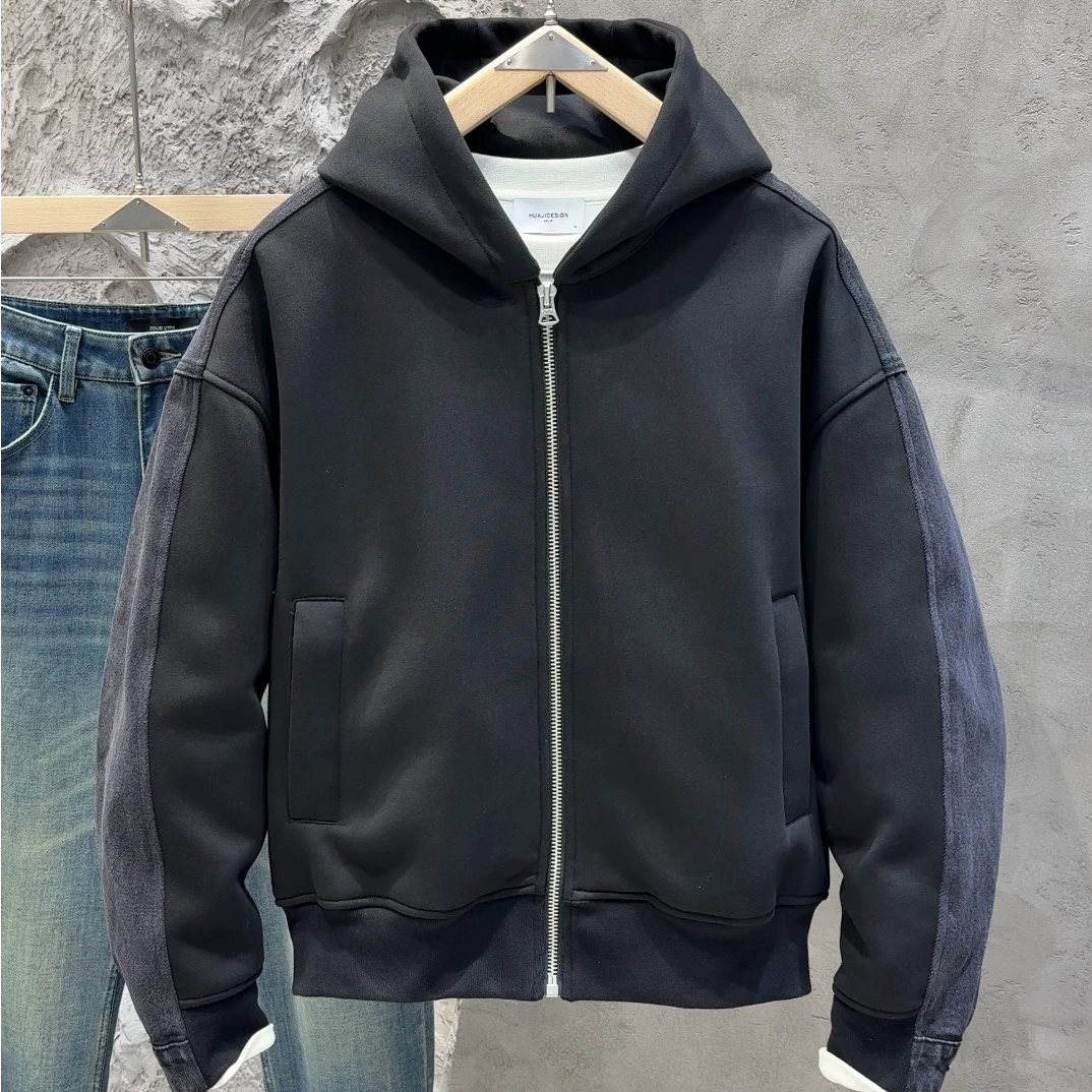 山海原创设计风格冬季男士时尚连帽内胆可拆卸羽绒服重工水洗拼接
