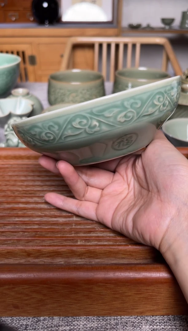 瓷器青瓷6英寸福字蒸碗 微瑕