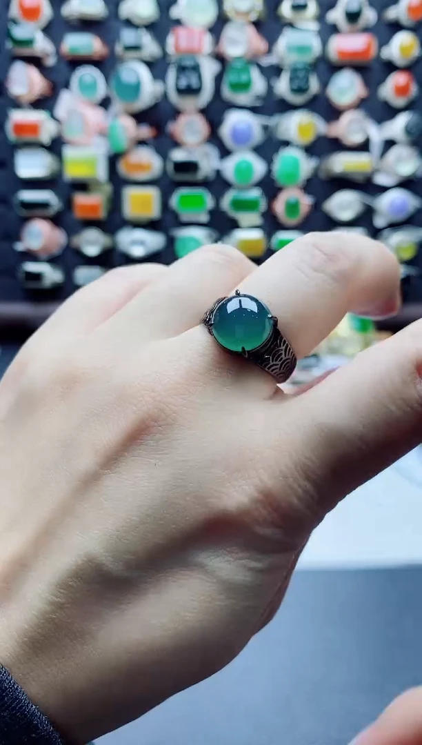 银S925镶嵌戒指翡翠天然翡翠A货男戒