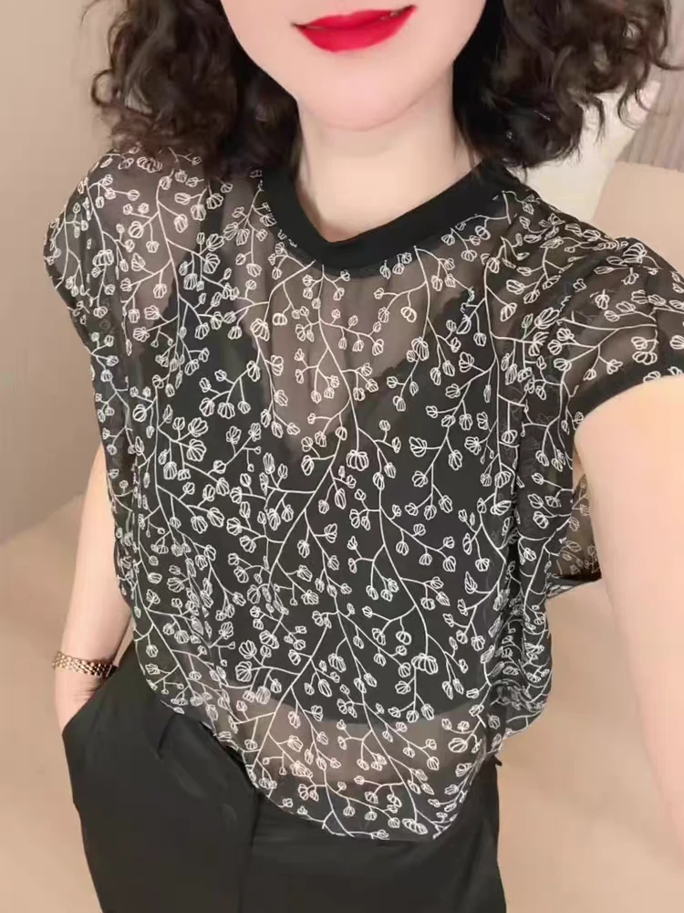 薄款微透洋气轻奢感碎花短袖女遮肉显瘦时尚通勤上衣女
