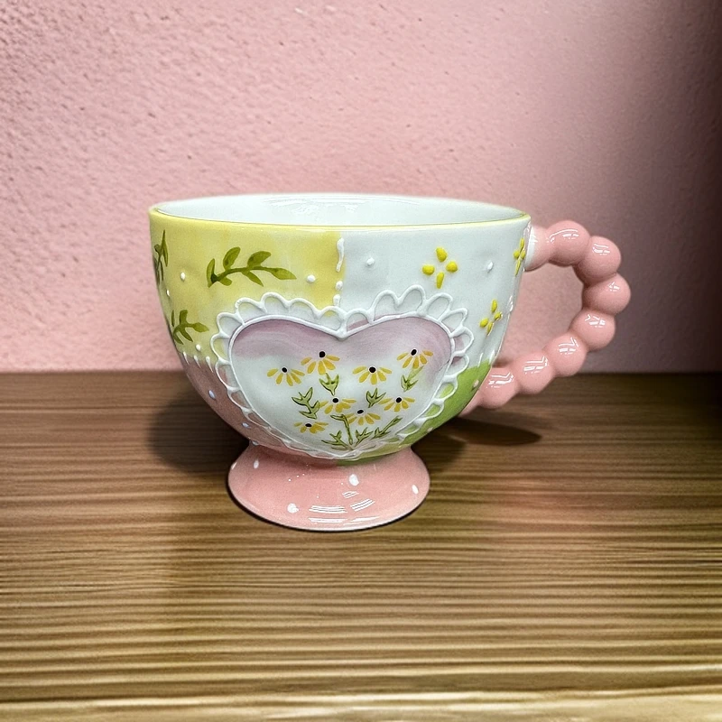 釉下彩陶瓷早餐杯可爱浮雕马克杯家用创意大容量卡通熊猫手绘水杯