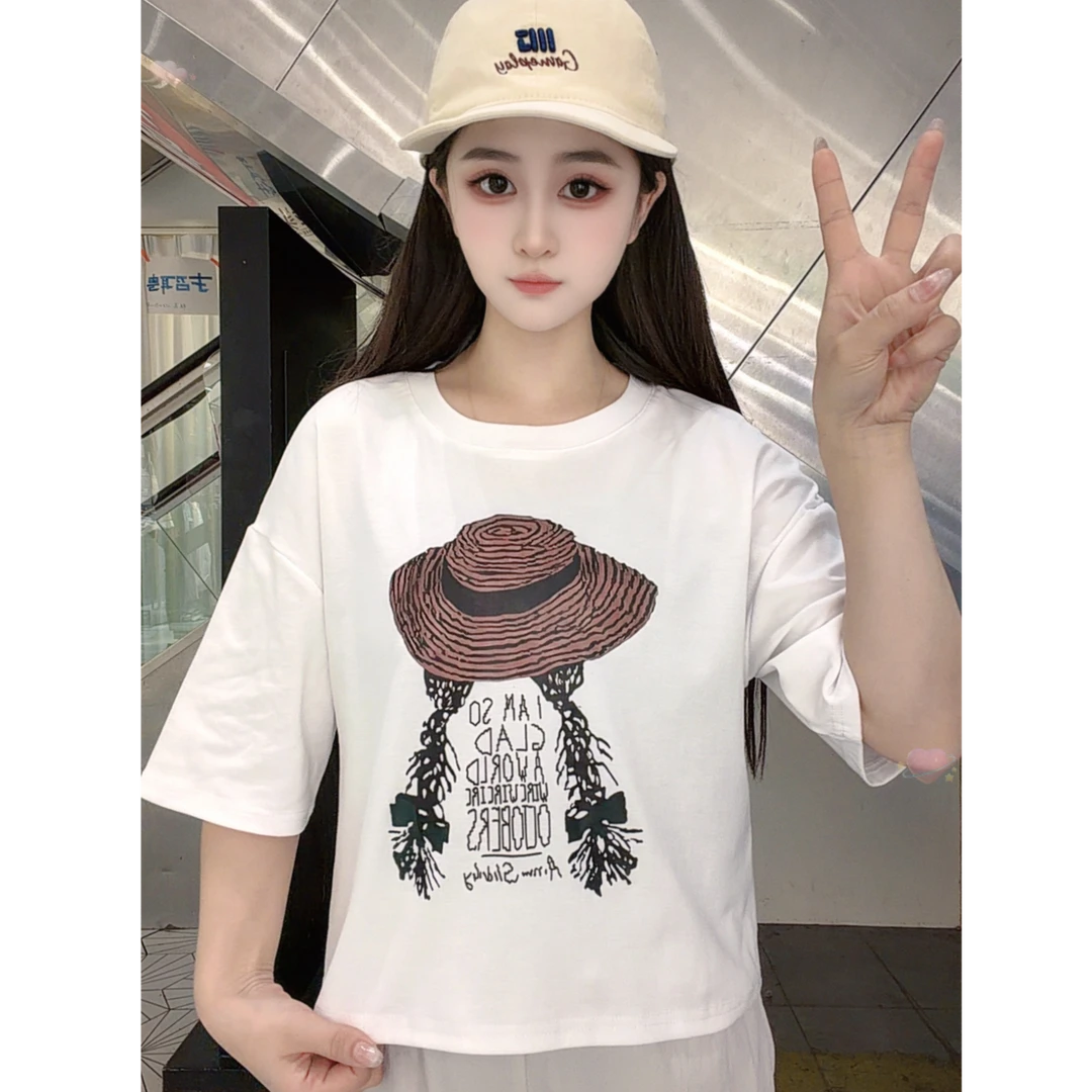 【汐月女神~马尾辫帽子】夏季韩系微宽松型显瘦减龄圆领短袖T女