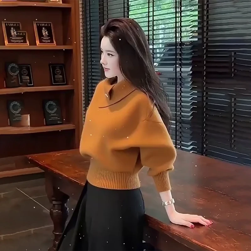 老钱风橘色半高领毛衣女秋冬设计感轻熟软糯慵懒风宽松外穿针织衫