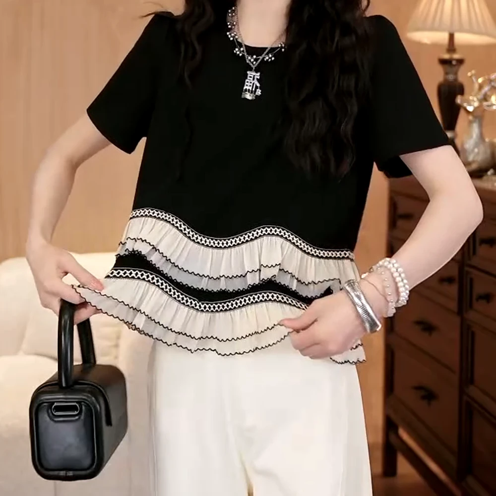 2025夏季新款休闲时尚微弹套头T恤花边拼接短袖上衣女圆领宽松