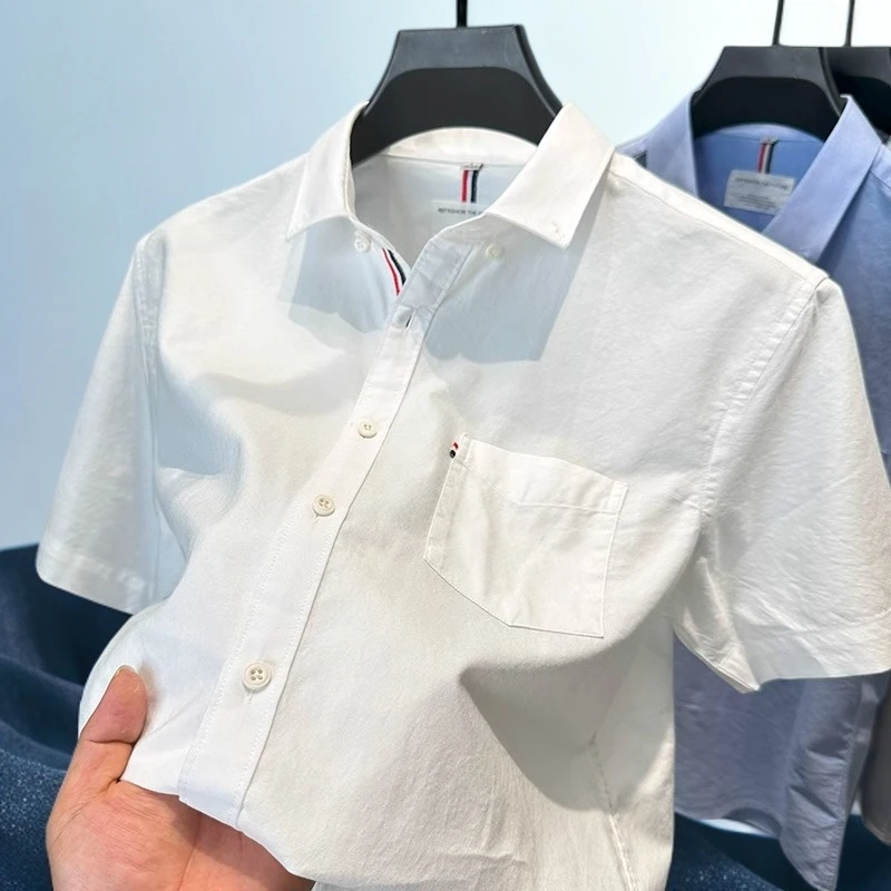 吉伦略索夏季纯棉男装衬衫短袖纯色百搭帅气时尚休闲潮流薄款衬衣