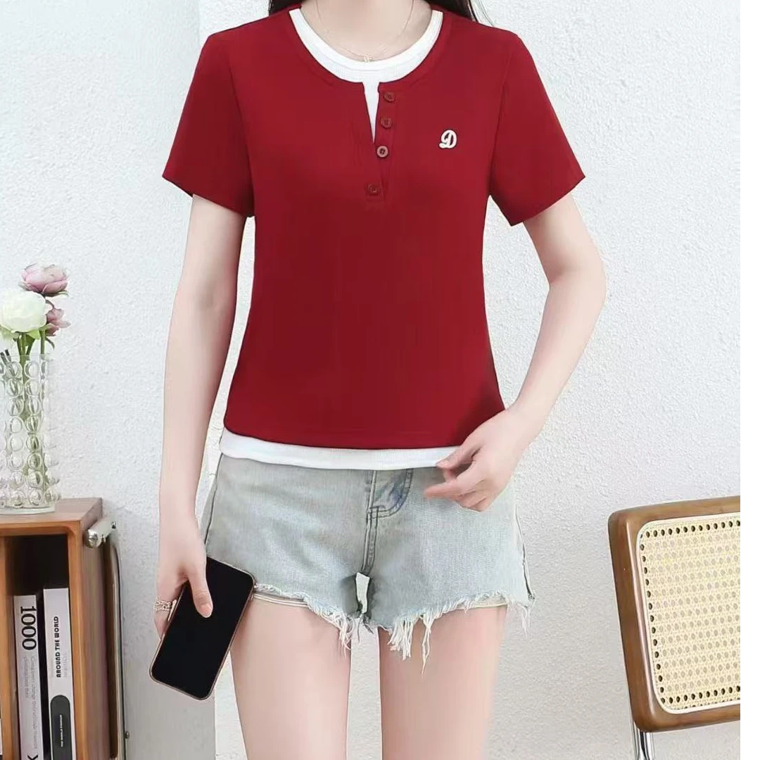 夏季显瘦纯色上衣短款潮牌女装压花简约风女T恤