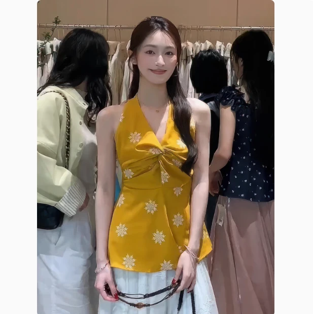 【黄油可露丽】 花朵设计感无袖A字宽松挂脖衬衫通勤夏外穿背心
