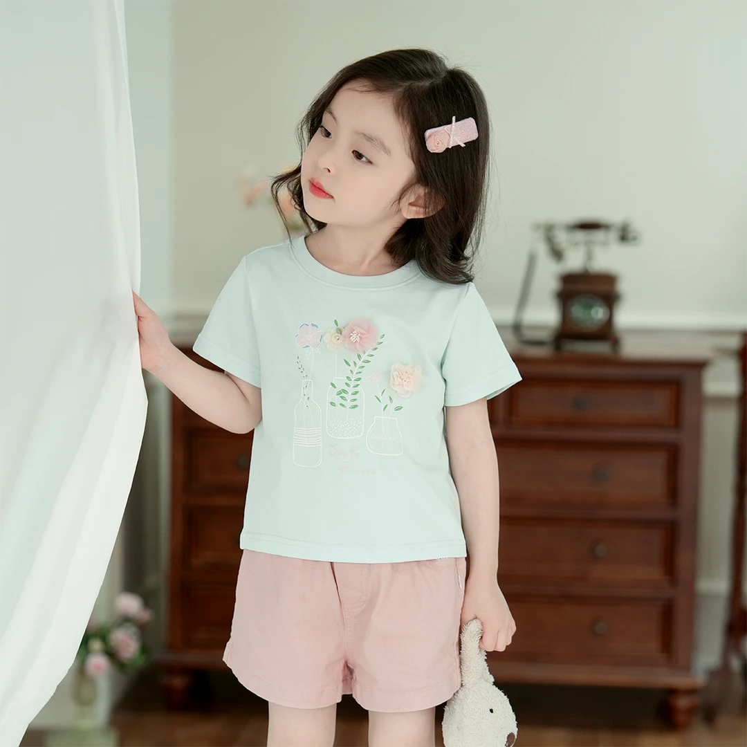 现货【花束】3770夏装女童可爱花朵甜美洋气女孩短袖T恤百搭上衣