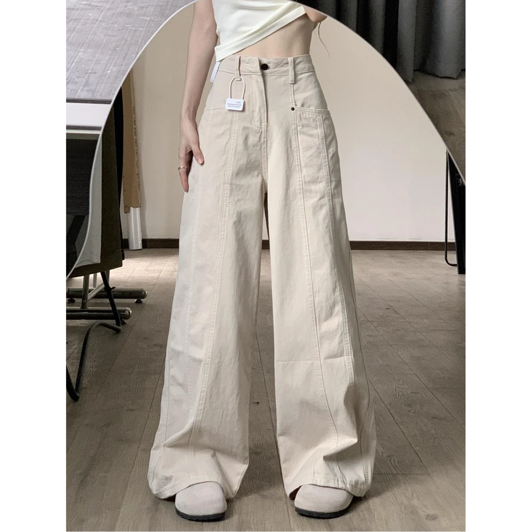 美式米杏色复古工装牛仔裤女夏季新款高腰宽松显瘦直筒阔腿长裤