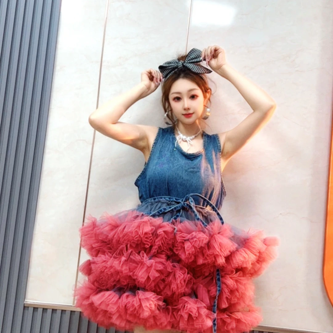 2325【熙妮潮牌】U型领轻奢风牛仔蓬蓬裙走秀A字裙拼接连衣裙