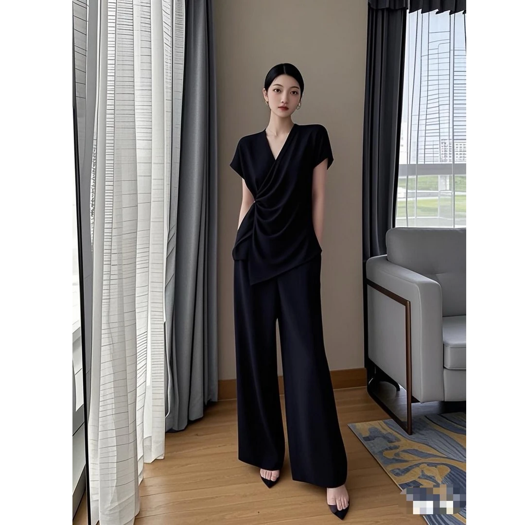2868大码女装时尚气质套装胖mm修身显瘦系带上衣高腰阔腿裤两件套