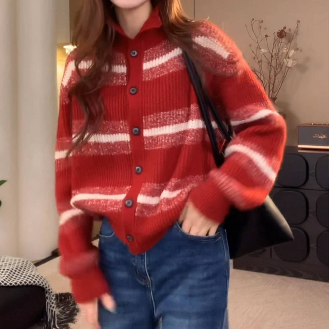 韩版半高领撞色条纹针织开衫女2025秋冬新款洋气休闲毛衣小外套潮