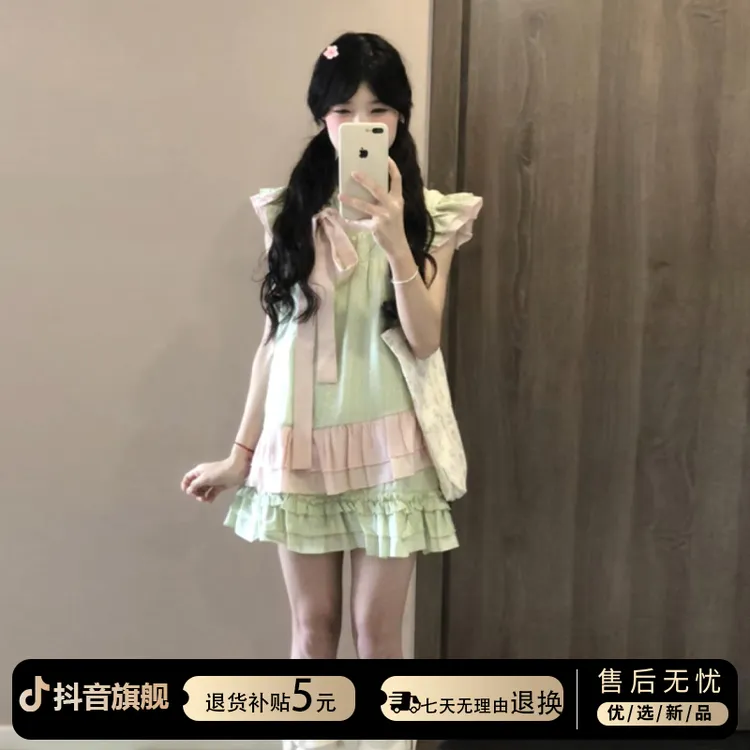 2025夏季新款绿色小飞袖连衣裙小个子气质减龄短裙穿搭一整套装女