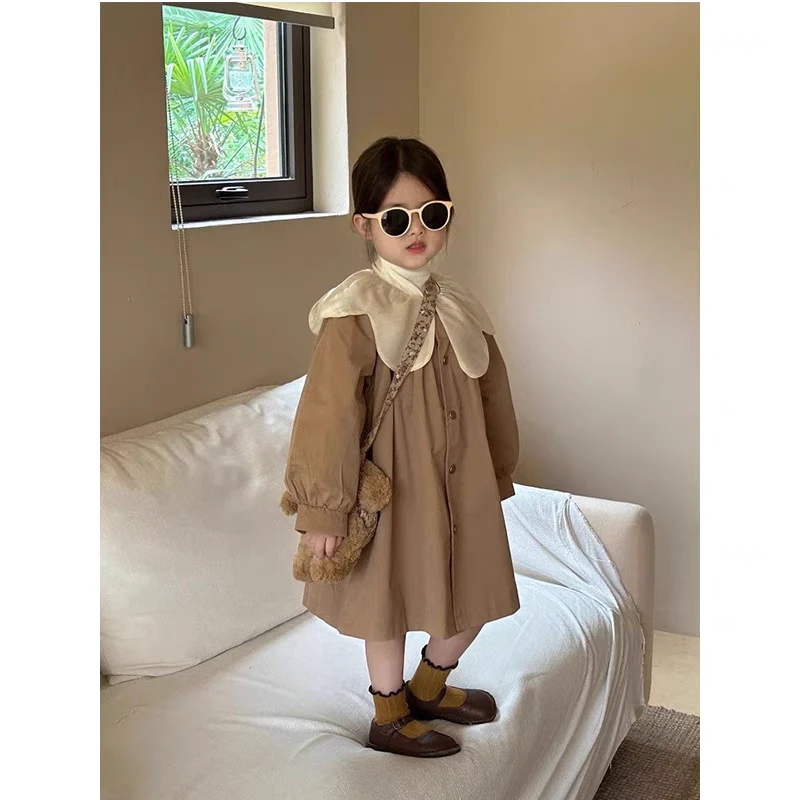 女童春秋外套新款可爱甜美翻领花瓣领秋款儿童中长款风衣上衣