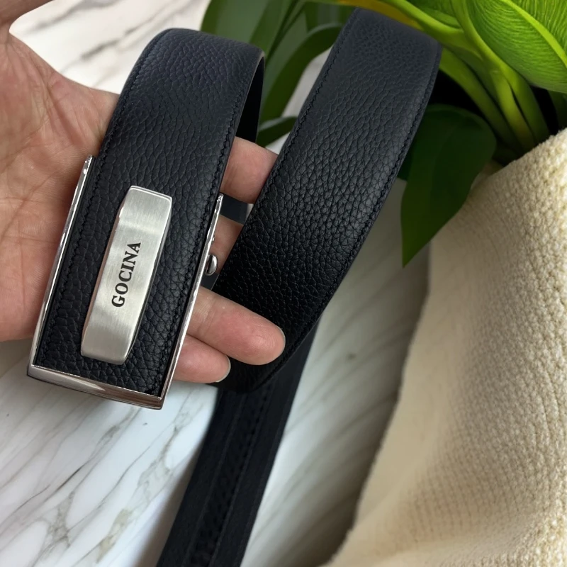 库奇世家真皮男士皮带头层牛皮3.8厘米宽不锈钢内参自动扣腰带