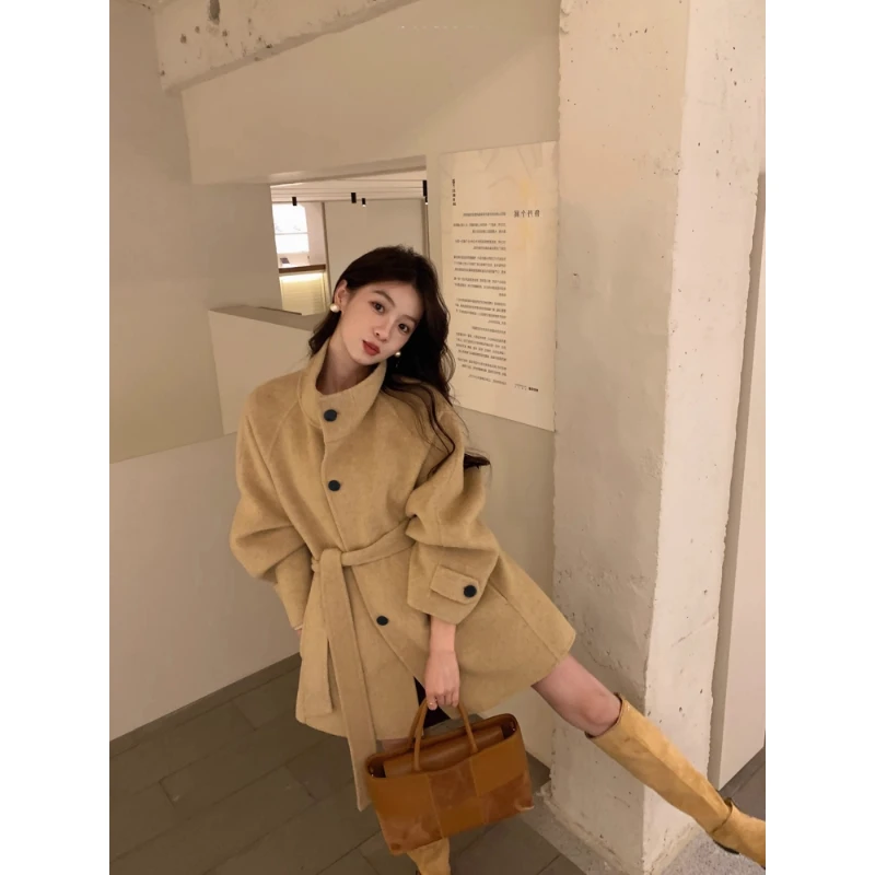 法式洋气立领毛呢外套女秋冬季韩版小个子系带赫本风宽松慵懒大衣