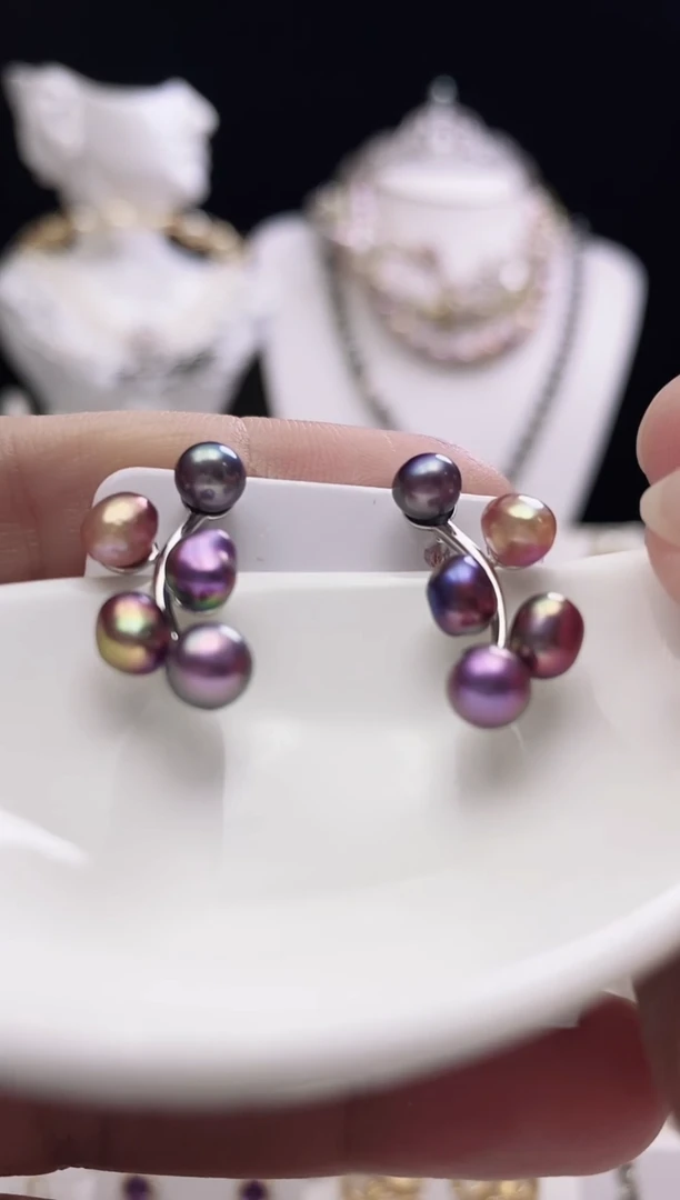 银S925镶嵌耳钉淡水珍珠淡水紫珠耳钉