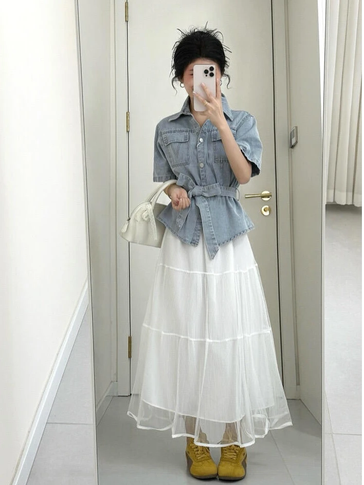春夏穿搭套装2025超火美式复古时尚减龄牛仔外套网纱半身裙两件套