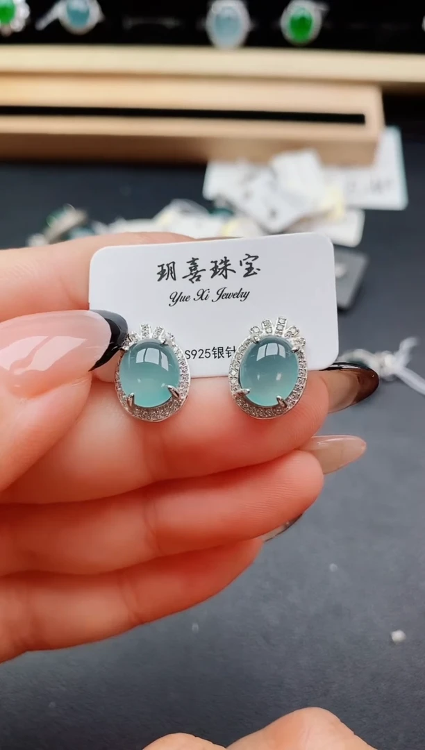 翡翠银S925镶嵌耳饰30600