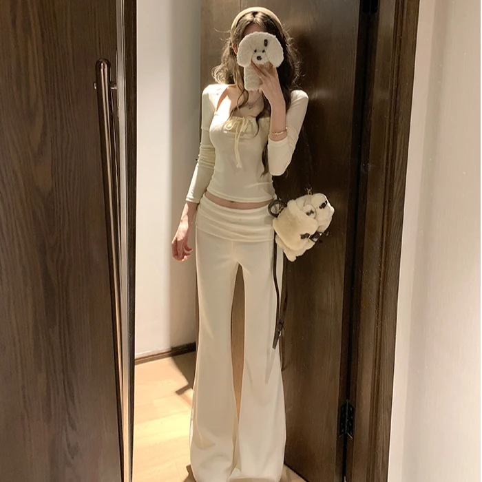 纯欲辣妹长袖T恤女气质修身显瘦设计感上衣百搭微喇叭长裤子套装