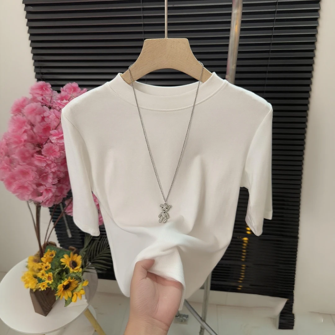 莫代尔小立领五分袖T恤女洋气百搭纯色打底衫气质中袖内搭上衣潮