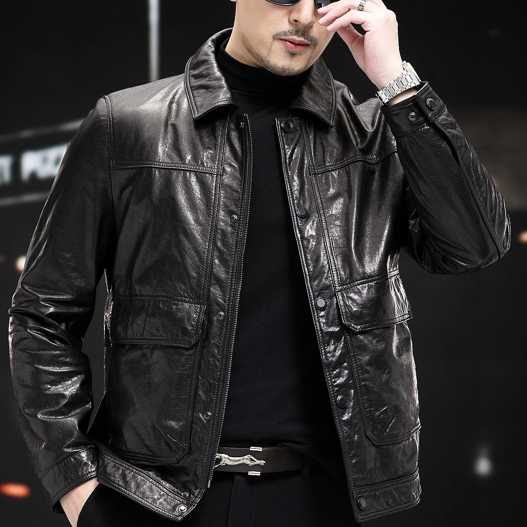 海宁油蜡头层牛皮真皮皮衣男翻领夹克轻奢气质外套（无涂层皮）8501