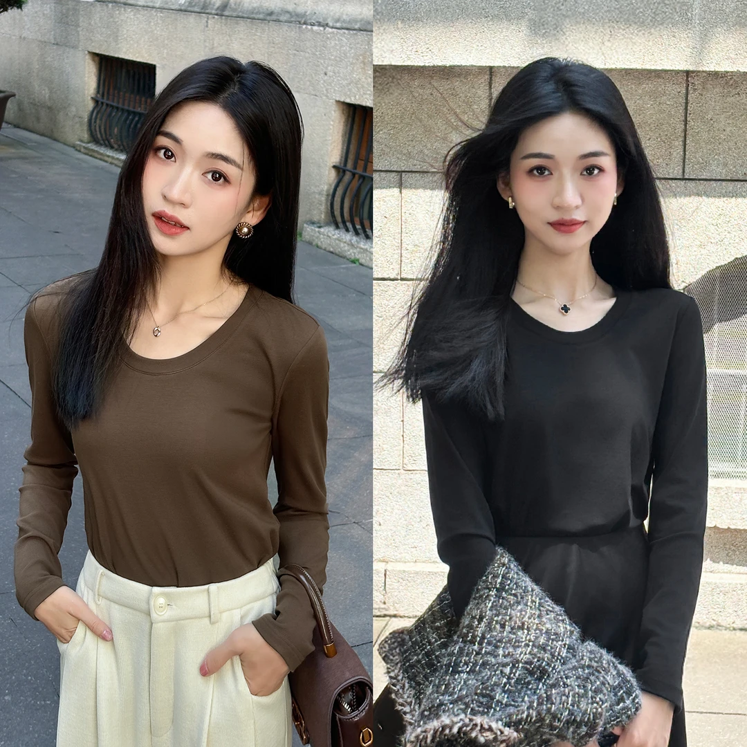 【柒量一裁】1328小个子双色长袖T恤莱赛尔修身显瘦内搭打底上衣女