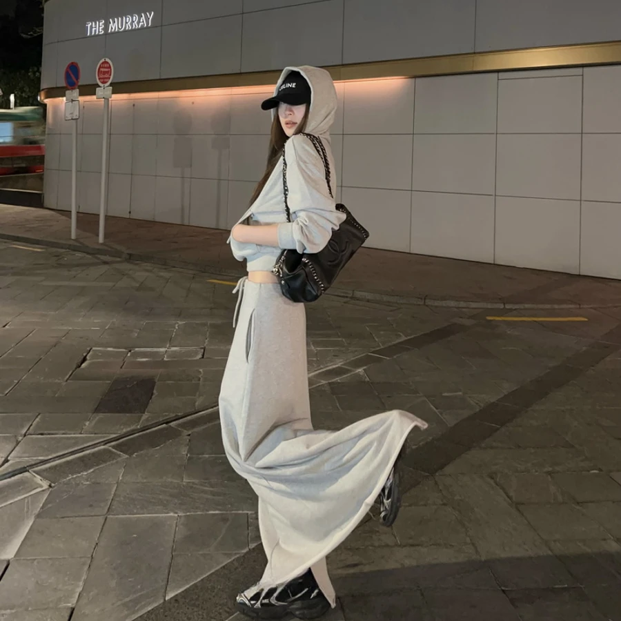 休闲套装女2025春季运动短款连帽卫衣外套高腰半身裙长裙子两件套