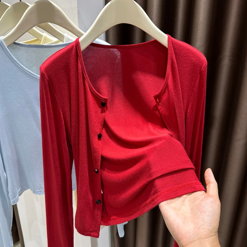 红色针织防晒开衫外套女2025夏季新款吊带裙外搭披肩罩衫薄款上衣