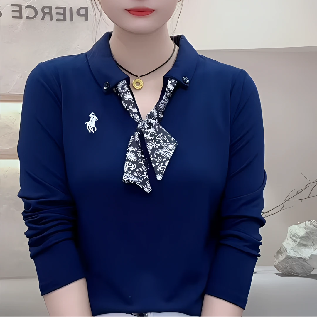 2025新款时尚洋气百搭减龄长袖女纯色POLO气质丝带上衣