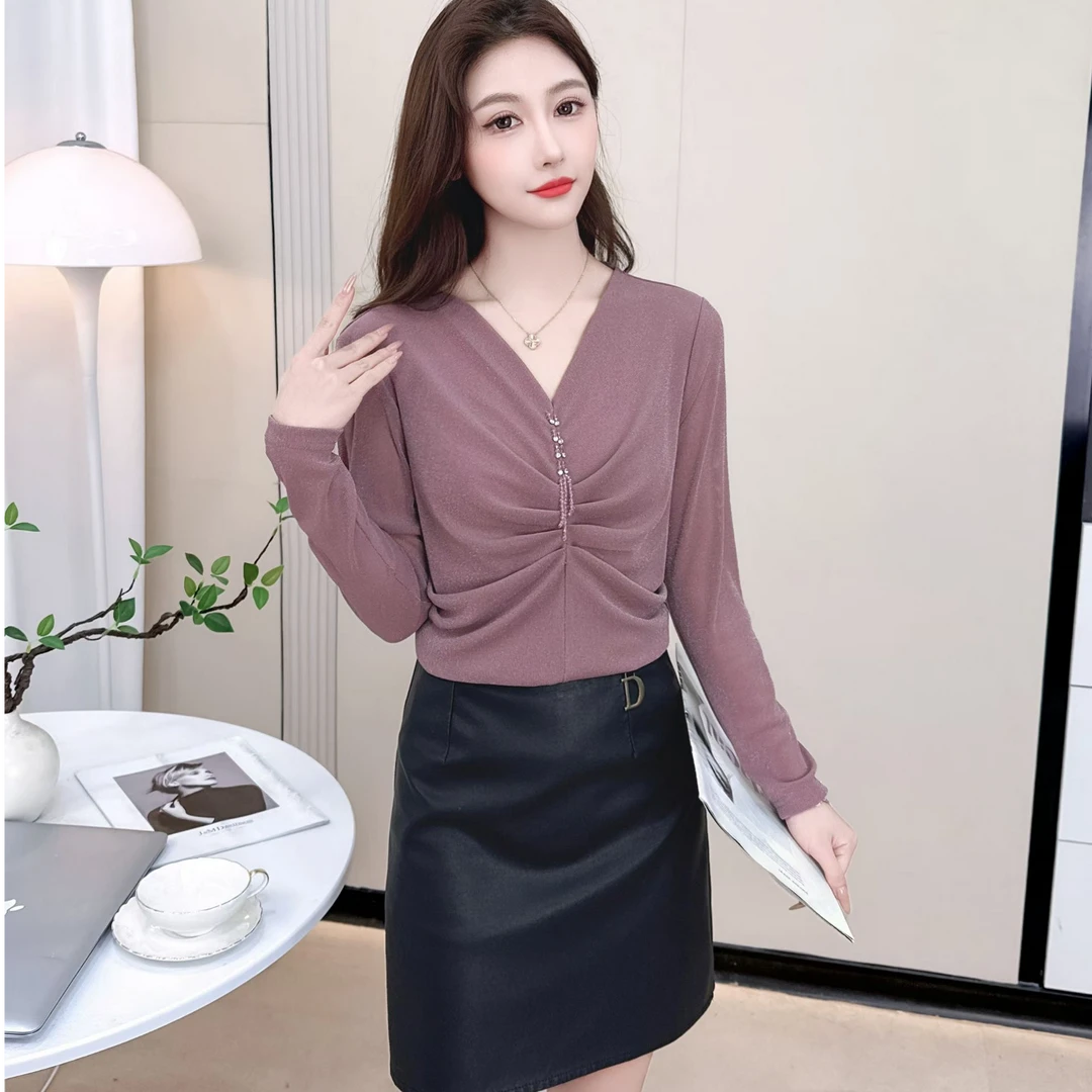 秋季新款长袖V领洋气小衫小众显瘦时尚百搭修身弹力高档上衣女