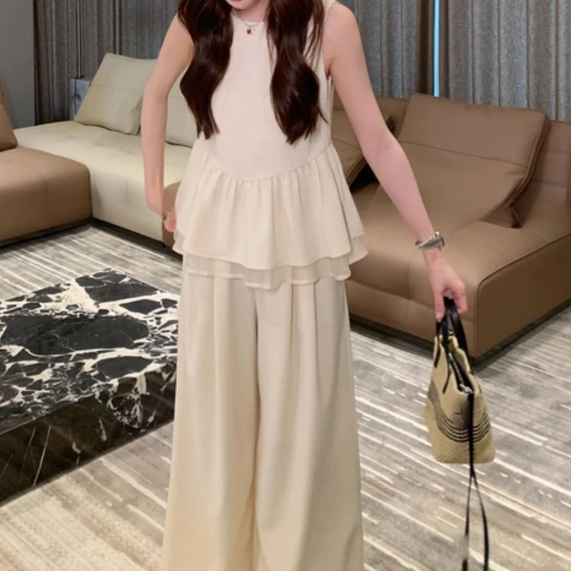 淡颜套装~夏季气质感无袖上衣+宽松直筒裤两件套55023亚麻套装女