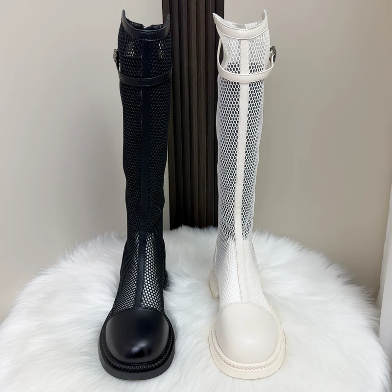 时装靴时尚中筒女鞋长筒网靴马丁靴百搭镂空粗跟高筒靴白色夏季靴