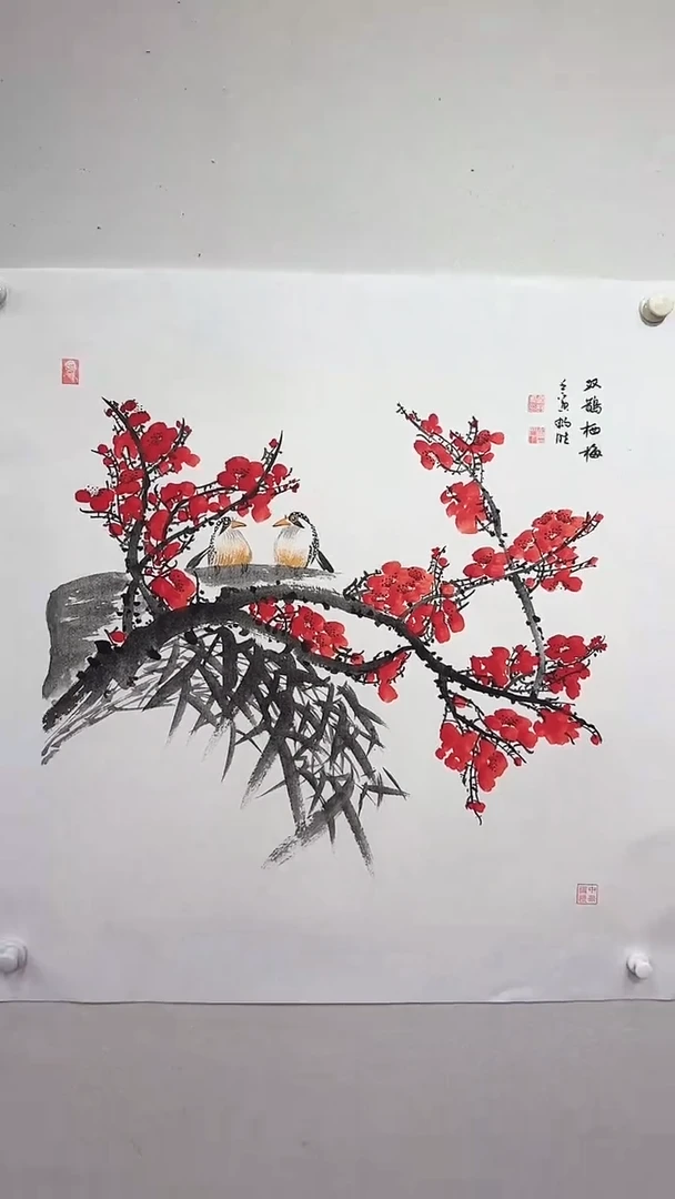 国画双鹊栖梅/4尺斗方托底/雷畅胜