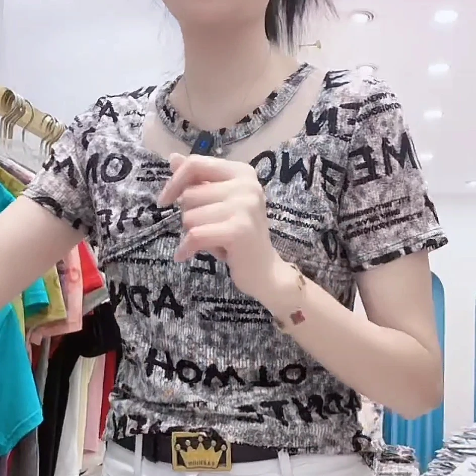 2025夏季新款纱网杂志风修身型常规宽松型T恤宽松打底衫百搭女士