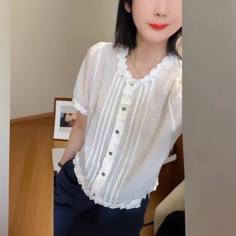 木耳花边短袖纯色衬衫夏季百搭上衣